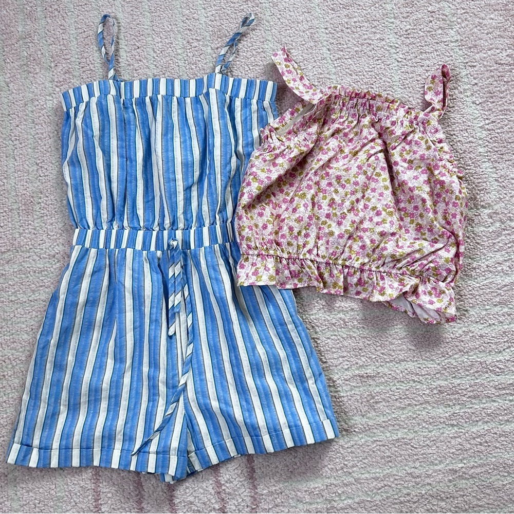 NWT Hayden‎ Blue Striped Romper and Pink Floral Ruffle Top Size XL Spring Summer